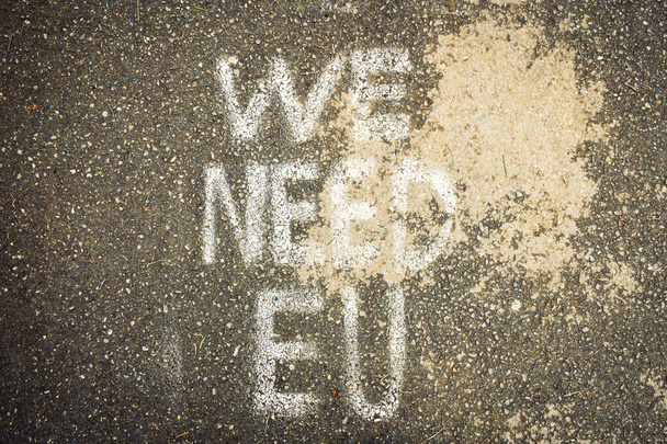 Top down view written statement on the ground "we need EU". Integration process to EU concept - Foto, Imagen