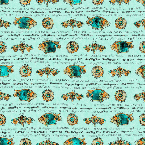 Coral teal shoal of fish linen wash nautical background. Summer coastal style fabric swatches. Under the sea life tropical fishes material. 2 tone green reef dyed textile seamless pattern. - Φωτογραφία, εικόνα