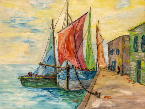 Olejomalba s tlustými tahy štětcem znázorňující rybářské čluny a chatrče v přístavu. Impresionistické umění. - Fotografie, Obrázek