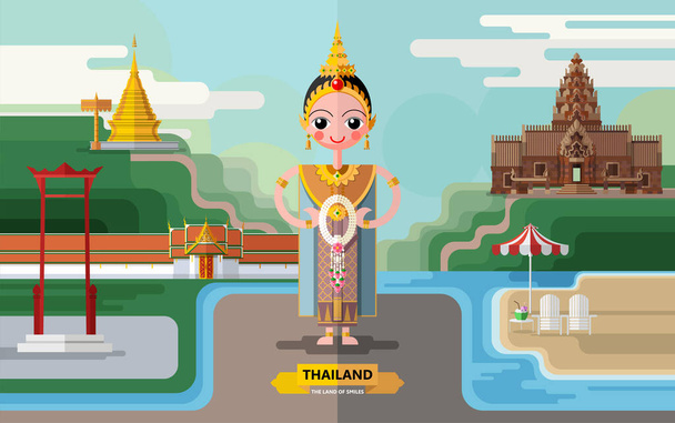 Tailândia conceito de viagem Os lugares mais bonitos para visitar na Tailândia em estilo plano na cor de design plano. - Vetor, Imagem