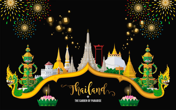 Ταϊλάνδη ταξιδιωτική έννοια Τα πιο όμορφα μέρη για να επισκεφθείτε στην Ταϊλάνδη σε επίπεδο στυλ σε επίπεδο χρώμα σχεδιασμού. - Διάνυσμα, εικόνα