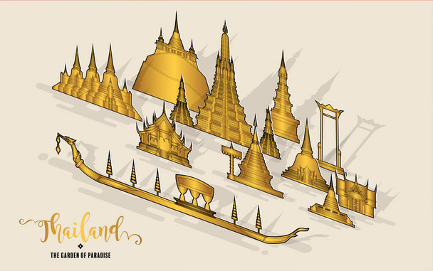 Thajsko cestovní koncept Nejkrásnější místa k návštěvě v Thajsku v plochém stylu v barvě plochého designu. - Vektor, obrázek