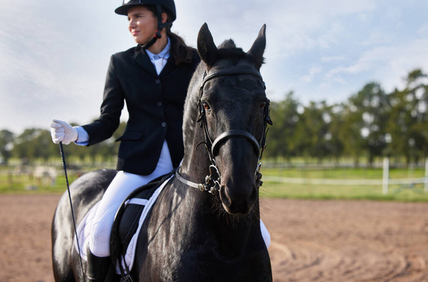 Training te paard. Gehakt schot een aantrekkelijke jonge vrouwelijke jockey rijden haar paard op de boerderij. - Foto, afbeelding