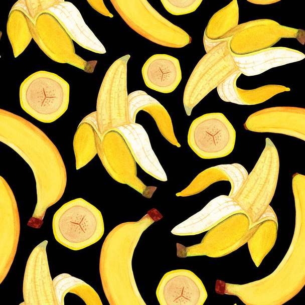 Világos banán akvarell zökkenőmentes minta sötét háttérrel. Oldalnézet - Fotó, kép