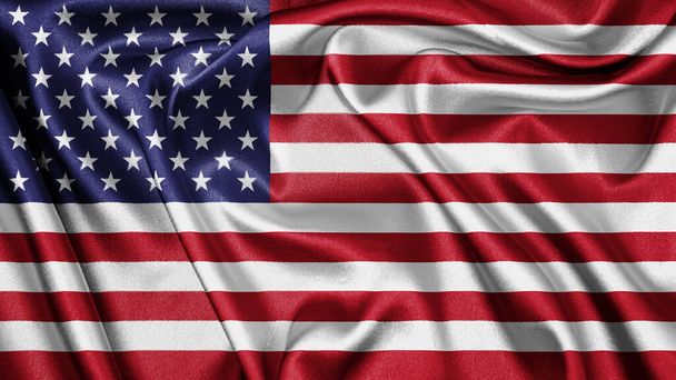 Close up realistic texture fabric textile silk flag of America United States waving fluttering background. National symbol of the country. Democracy and freedom concept. 4th of July, Independence Day - Foto, imagen