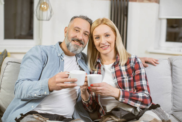Middle aged couple sitting on couch and drinking tea - Фото, зображення