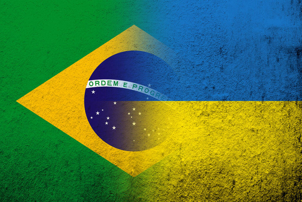 National flag of Brazil with National flag of Ukraine. Grunge background - Foto, Imagen