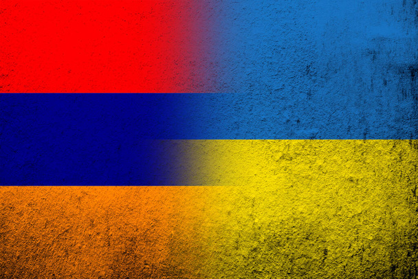 Republic of Armenia  national flag with National flag of Ukraine. Grunge background - Фото, зображення