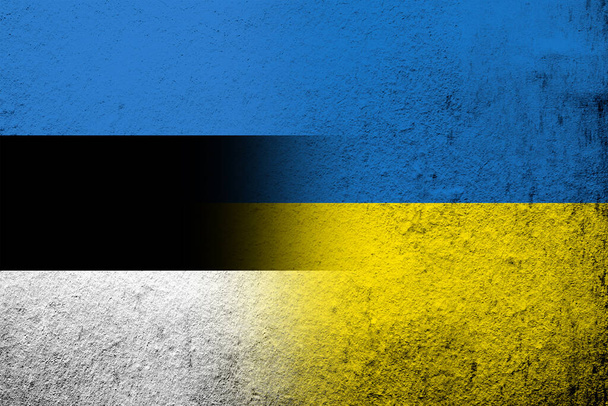 The Republic of Estonia national flag with National flag of Ukraine. Grunge background - Фото, зображення