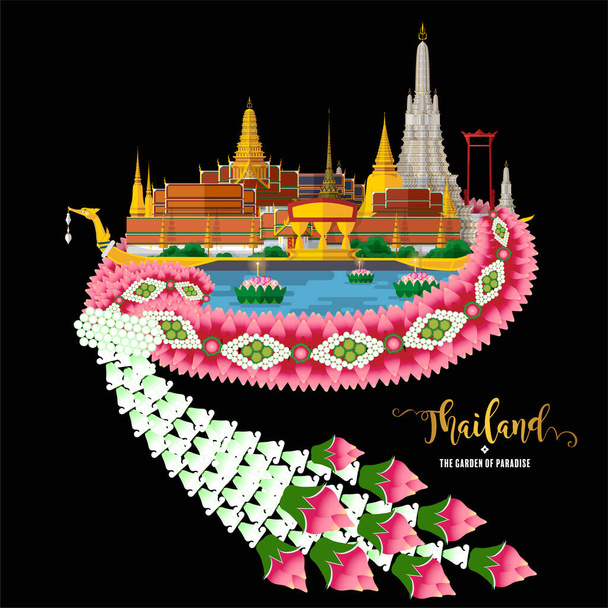 Thaiföld utazási koncepció A legszebb hely, hogy látogassa meg Thaiföldön lapos stílusban lapos design szín. - Vektor, kép