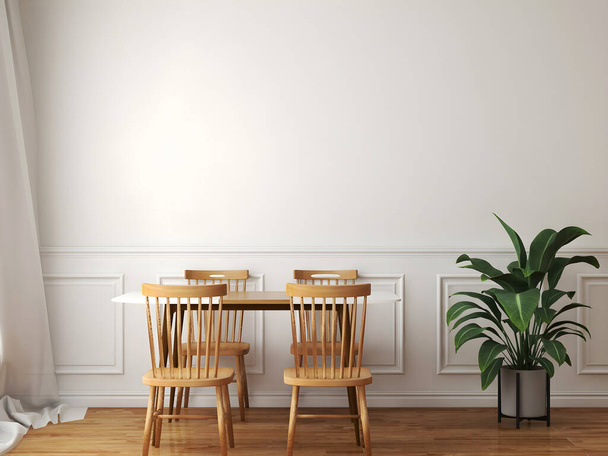 Eetkamer mockup met witte molding muur, eettafel, en plant. 3d illustratie. 3d renderen - Foto, afbeelding