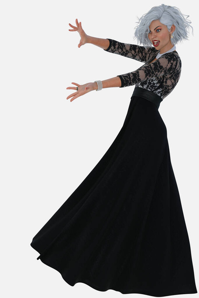 Retrato de cuerpo entero de una joven hermosa mujer de pelo plateado con un bonito vestido de baile negro y de pie sobre un fondo blanco aislado. Modelo de carácter de ilustración 3D render. - Foto, Imagen
