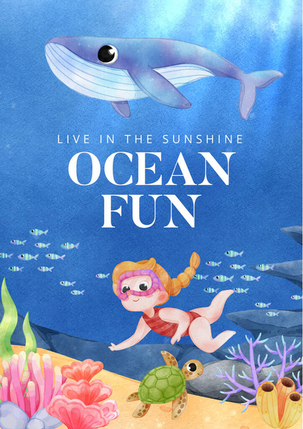 Poster sjabloon met verkennen oceaan wereld concept, aquarel styl - Vector, afbeelding