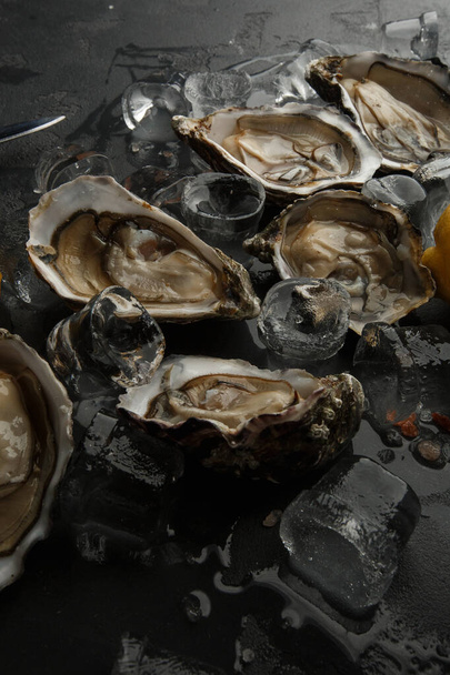 Fresh Oysters close-up on dark background, served table with oysters, lemon and ice. Healthy sea food. Gourmet food. top view - 写真・画像