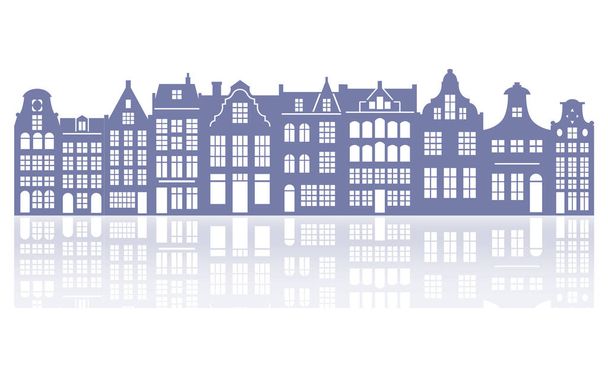 Siluetti peräkkäin Amsterdamin taloja. Julkisivut Euroopan vanhoja rakennuksia koristelu. Hollannin kodeissa heijastus. Vektori - Vektori, kuva