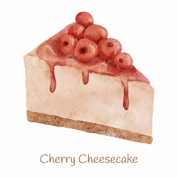 Watercolor sweet dessert cherry cheesecake illustration - Vektör, Görsel