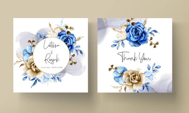 Acquerello modello di invito di nozze con fiori blu e marrone - Vettoriali, immagini