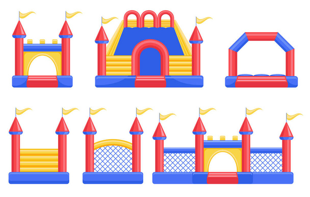 Set di castelli gonfiabili gonfiabili e colline per bambini sul parco giochi. Attività infantile nel parco. Illustrazione in stile piatto - Vettoriali, immagini