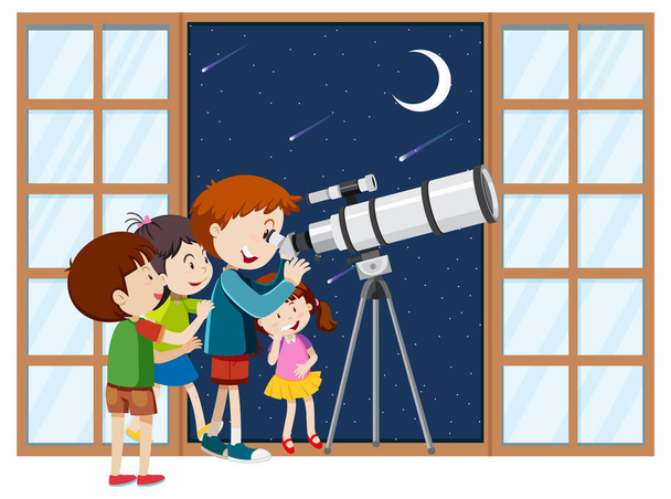 Crianças observam céu noturno com ilustração de telescópio - Vetor, Imagem