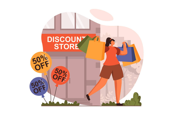 Discount store web concept in flat design. Happy woman with bags making purchases at profitable prices in shop. Smart shopping and loyalty program for clients. Vector illustration with people scene - Vettoriali, immagini