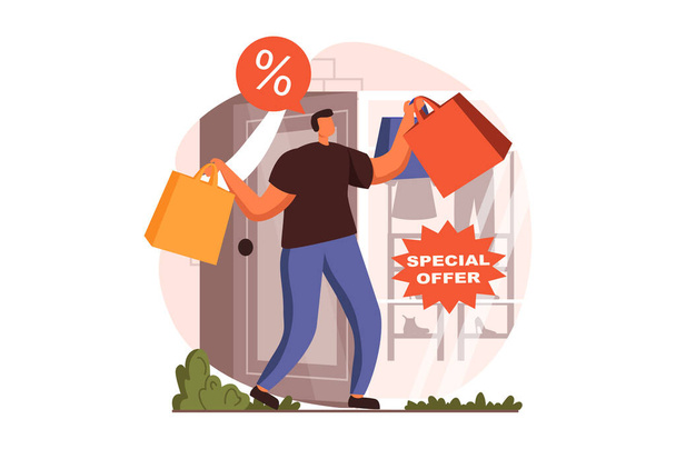 Discount store web concept in flat design. Happy man with bags making purchases in clothes shop at special offer. Smart shopping and loyalty program for clients. Vector illustration with people scene - Vector, imagen