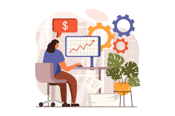 Webový koncept finanční analýzy v plochém designu. Žena pracuje na počítači, analyzuje data, sestavuje zprávy a počítá rozpočet. Audit, investice a účetnictví. Vektorová ilustrace s lidskou scénou - Vektor, obrázek
