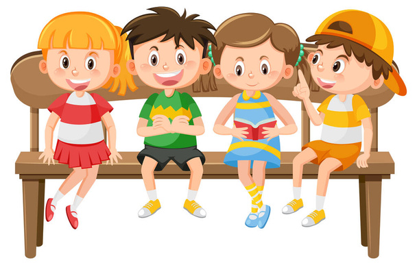 Children sitting on a wooden bench illustration - ベクター画像
