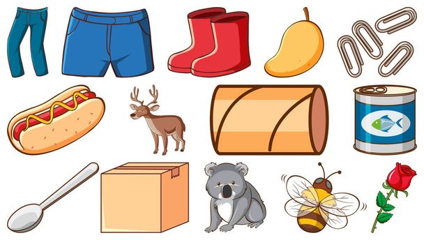 Cute animals and other items on white background illustration - ベクター画像
