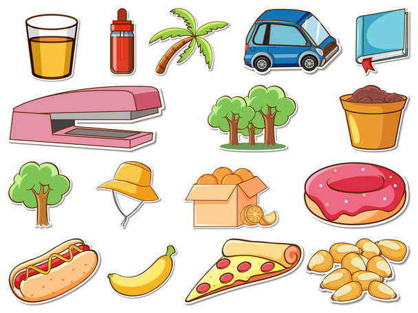 Sticker set van gemengde dagelijkse objecten illustratie - Vector, afbeelding