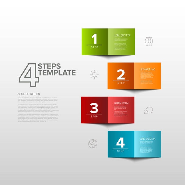 Vector four simple colorful folded paper steps progress template with descriptions and icons. Vertical set od folded papers as four steps of procedure - Вектор,изображение