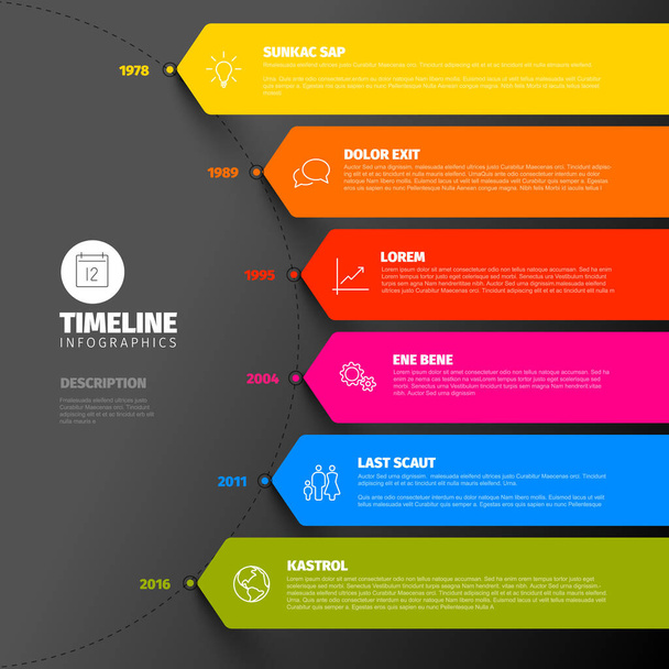 Vektor bunte Infografik typografische Timeline Berichtsvorlage mit den größten Meilensteinen, Jahren und Beschreibung - dunkle vertikale Regenbogen-Infochart-Version mit langen Streifen - Vektor, Bild