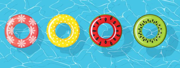 Úszógyűrűk a nyári partira. Felfújható gumi játék színes gyűjtemény. Top view úszókör óceán, tenger, medence. Életmentő úszógyűrűk. Nyári vakáció vagy biztonságos utazás. Görögdinnye, kivi - Vektor, kép