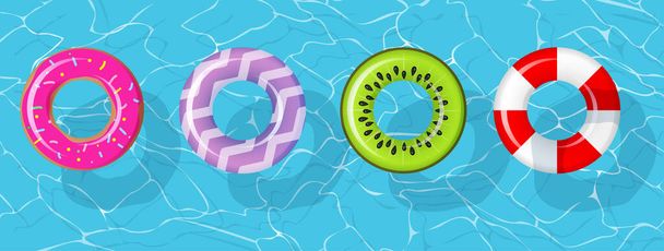 Uimarenkaat valmiina kesäjuhliin. Puhallettava kumi lelu värikäs kokoelma. Top näkymä uima ympyrä merelle, merelle, uima-allas. Pelastusrenkaat. Kesäloma tai matkan turvallisuus - Vektori, kuva