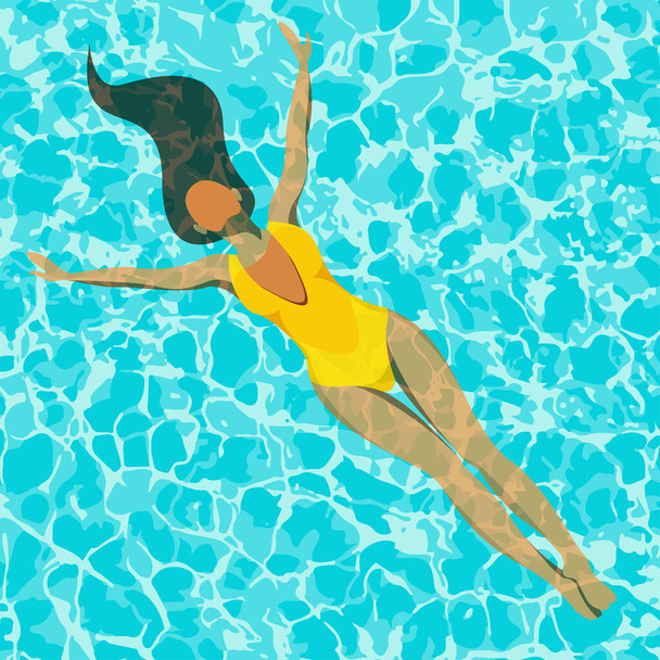 wektorowy obraz na temat wakacji letnich. piękna młoda opalona dziewczyna w żółtym stroju kąpielowym leży na błękitnej powierzchni wody basenu z wyciągniętymi ramionami i płynącymi włosami. wakacje tropikalne. - Wektor, obraz