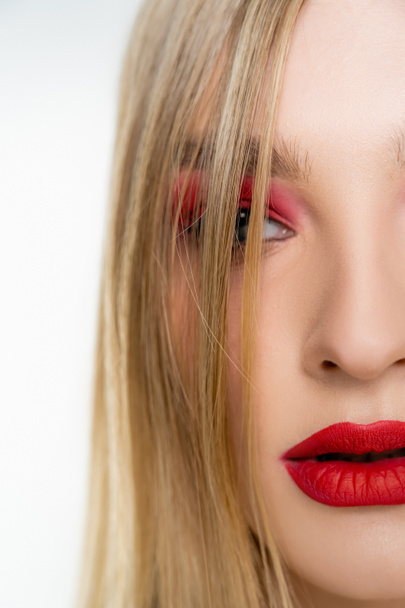 Close up view of fair haired model with red lips isolated on white - Φωτογραφία, εικόνα