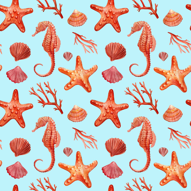 Modello senza cuciture con cavalluccio marino, stelle marine, coralli e conchiglie. Illustrazione disegnata a mano acquerello su sfondo blu - Foto, immagini