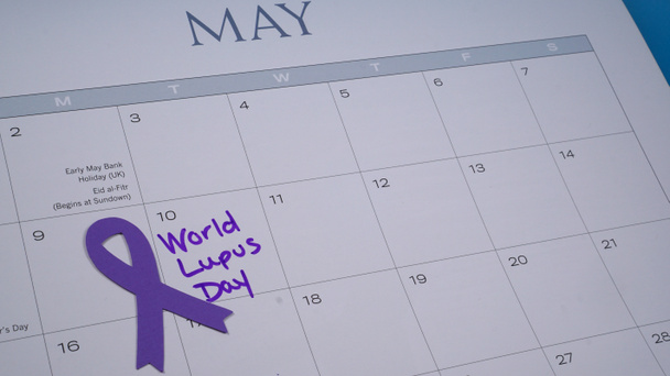 Dia Mundial do Lúpus marcado em um calendário em 10 de maio, juntamente com uma fita roxa para a conscientização. - Foto, Imagem