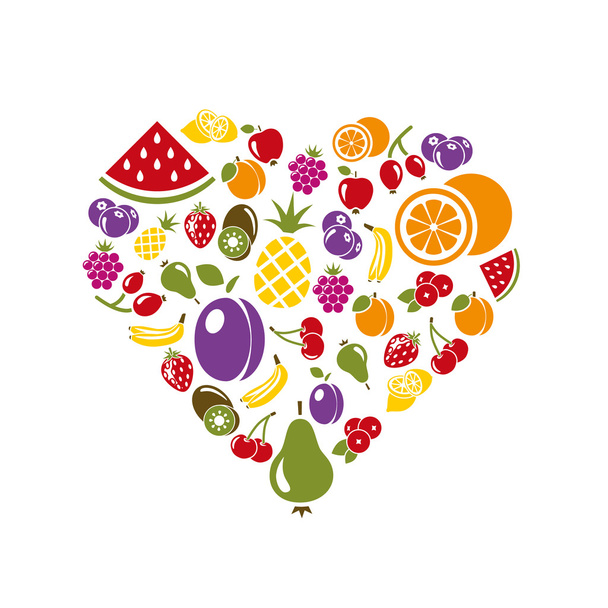 fruit icons in heart - Vetor, Imagem