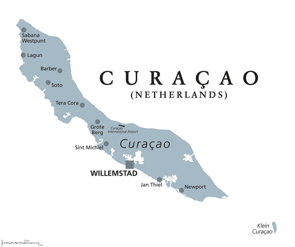Curacao, gray political map. Island in the Leeward Antilles in the Caribbean Sea with capital Willemstad. Lesser Antilles island country and part of the ABC islands, off the coast of Venezuela. Vector - Vector, Image