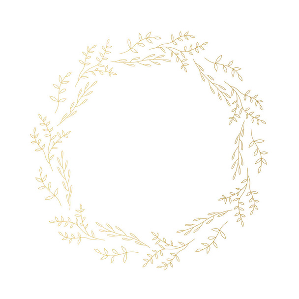golden floral wreath, garland, tiny twigs- vector illustration - Vetor, Imagem