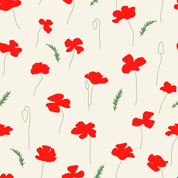 Seamless pattern with abstract red poppy flowers on white. Vector illustration. Floral print for fabric, textile, wrapping paper, greeting card. Flat design - Вектор, зображення