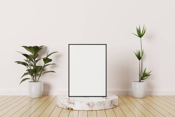 Black vertical photo frame mockup on a podium marble in empty room with plants on a wooden floor. 3D Rendering. - Foto, afbeelding