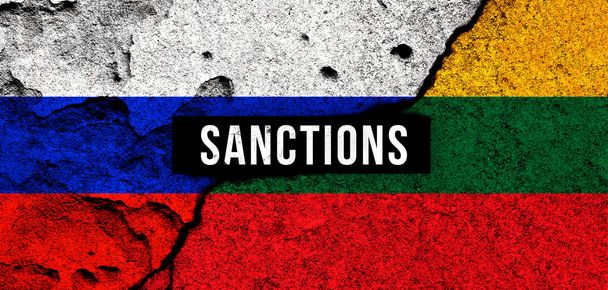 Санкции России и Литвы. Фон национальных флагов с текстом. Эмбарго, концепция по умолчанию - Фото, изображение