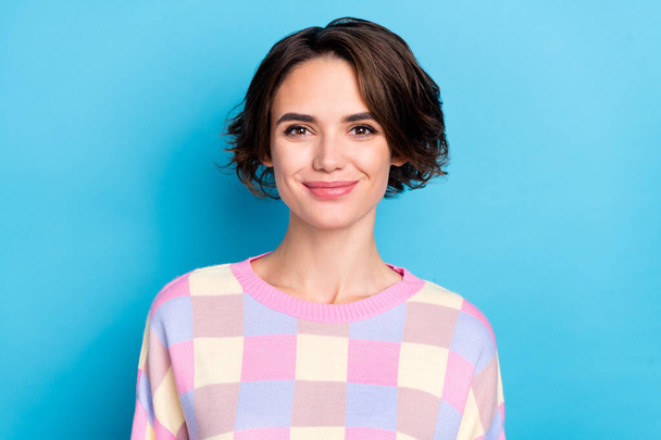 Photo of youth lovely girl smart expert manger banker wear checkered jumper isolated over blue color background - Fotoğraf, Görsel