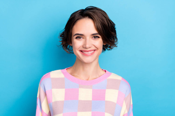 Photo of youth cheerful girl good mood toothy smile visit dentist oral care isolated over blue color background - Zdjęcie, obraz