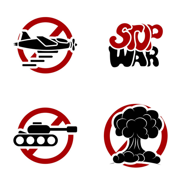 Σταματήστε τα σχέδια του πολέμου με βόμβα πυραύλων, αεροπλάνο, έκρηξη, απομονώνονται σε λευκό φόντο. Δεν υπάρχει πλέον σύμβολο έννοια του πολέμου. - Διάνυσμα, εικόνα