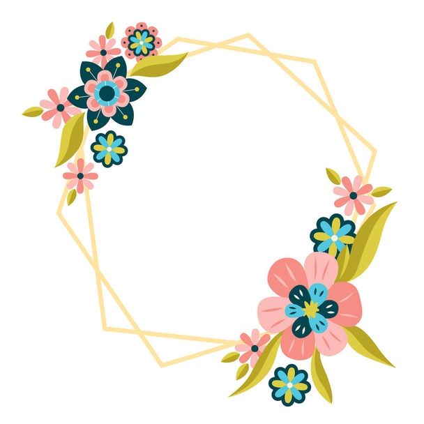 Goldener geometrischer Rahmen mit naiven Blumen. Goldener linearer Rand und botanisches Frühlingsdesign - Vektor, Bild