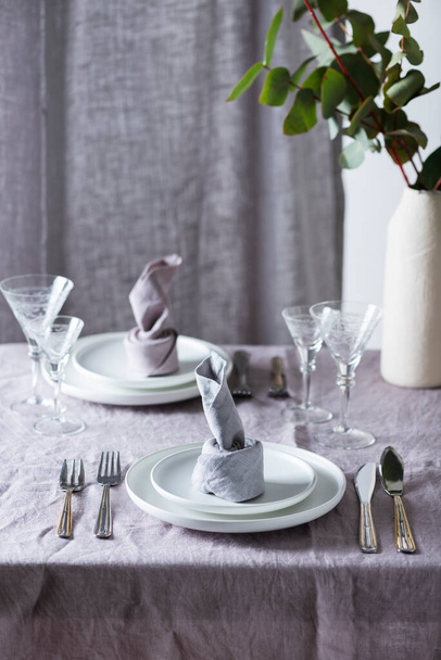 Home decor concept with linen tablecloth and linen napkin, selective focus image - Fotó, kép