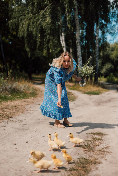 A young rural woman bent down to feed small ducklings - Foto, imagen