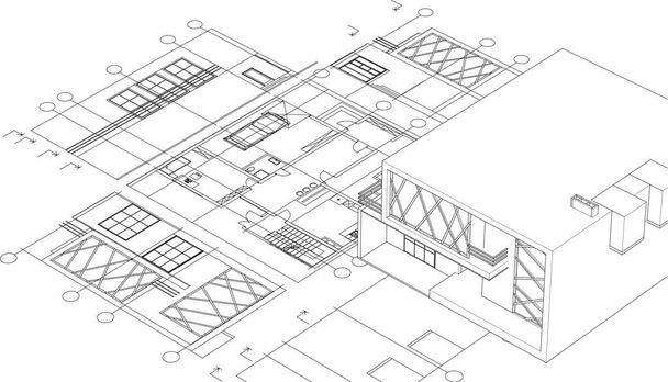 σπίτι αρχιτεκτονικό σχέδιο του έργου 3d εικονογράφηση - Διάνυσμα, εικόνα